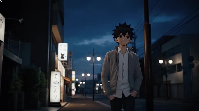 Cinematic 4K render of a young anime-style man on a quiet city street at night, with atmospheric twilight lighting.