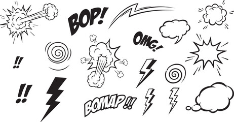 Obraz premium Collection of comic book sound effects and speech bubbles isolated on transparent background