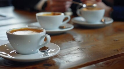 Three coffee cups with latte art, ready for drinking at a cafe. - Powered by Adobe