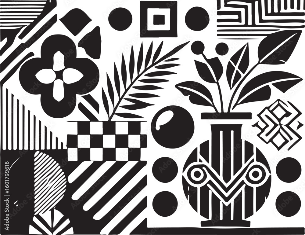 Poster abstract geometric and botanical elements arranged together isolated on transparent background