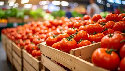 Fresh tomatoes in wooden crates at a grocery store
