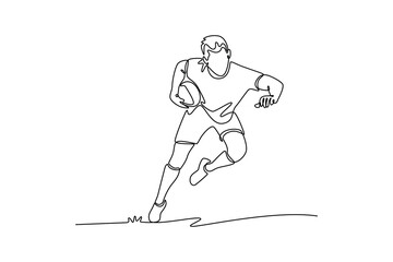 Single one line drawing active male rugby player on field for match, game in tournament. Teamwork and players tackle for winning ball to score. Continuous line draw design graphic vector illustration