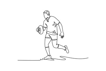 Continuous one line drawing young energic male rugby player in motions at stadium. Professional sport, competition, motivation, game, championship. Single line draw design vector graphic illustration