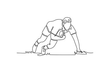 Continuous one line drawing male rugby player making score at training session or match on grass field. Balance, endurance and workout for wellness. Single line draw design vector graphic illustration