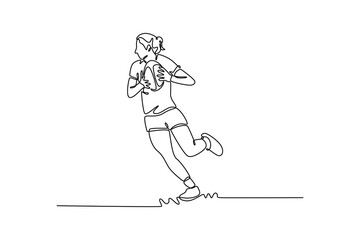 Fototapeta premium Continuous one line drawing beautiful female rugby player during game, catching ball at stadium. Match, sport, competition, action and motion, cup. Single line draw design vector graphic illustration