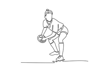 Continuous one line drawing woman athlete pass rugby ball at training for her skill performance in match. Female player in action for competition. Single line draw design vector graphic illustration