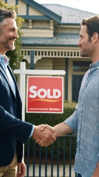Real estate agent and client shake hands in front of a sold house.