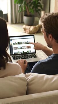 Young couple browsing real estate listings online on a laptop at home.