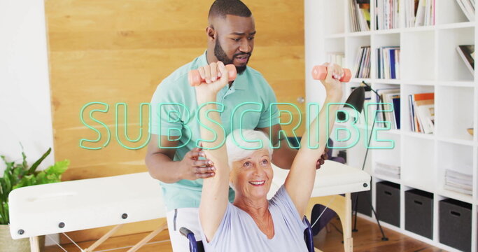 Therapist guiding senior woman lifting pink dumbbells in therapy room with wheelchair and plant - Powered by Adobe