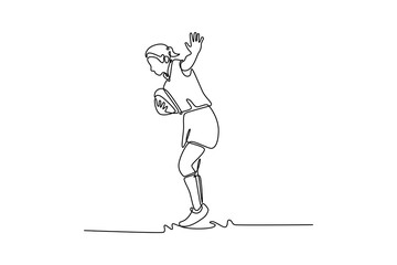 Single continuous line drawing female rugby player with ball training for workout, fitness, skill, competition. Active sportswoman practice for game. One line draw graphic design vector illustration