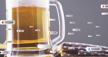 Presenting transparent glass mug atop glossy tabletop, drifting digital tags around phone case