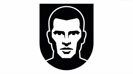 Minimalist geometric face illustration within a shield shape black and white design