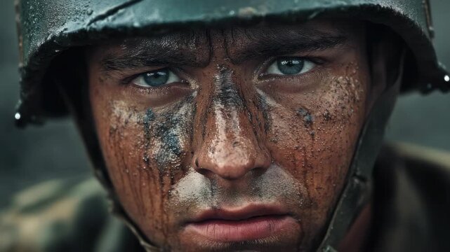 A soldier in muddy combat boots looking intense and focused. Military uniform, helmet, and weaponry indicating active duty.