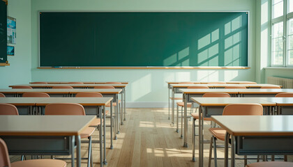 Bright empty classroom interior with green chalkboard and sunlight through windows rows of school desks in educational environment concept for back to school learning and academic preparation
