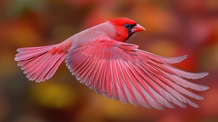 Red bird soaring with autumn leaves background