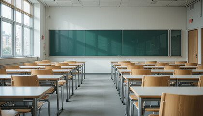 Empty modern classroom with green chalkboard wooden desks and natural sunlight through large windows educational space with clean interior for back to school learning training or academic preparation
