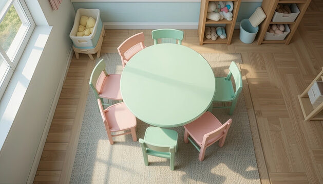 Top view of pastel kids chairs around round table in preschool classroom with wooden floor and sunlight educational learning environment for children back to school setup in warm and clean interior
