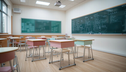 Fototapeta premium Empty pastel classroom interior with green chalkboards, wooden desks and chairs on clean floor, natural daylight through large windows creates calm and organized learning environment