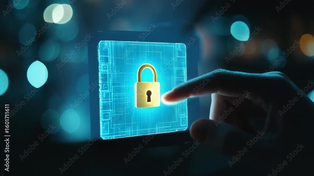 Aufkleber hand of a person holding a smartphone displaying a locked padlock with a keyhole. this represents cy