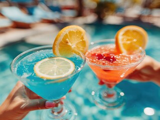 Two tourists enjoying colorful cocktails adorned with lemon and orange slices, relaxing by a sparkling pool on a sun drenched day