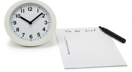 Simple white clock shows time beside neatly written to-do list and black marker. AI Generated