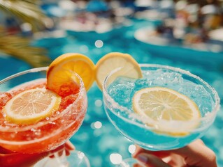 Two tourists holding colorful cocktails with lemon and orange slices by the poolside on a sunny summer day