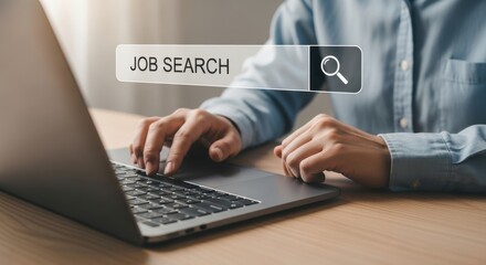 Hands typing job search query on laptop with magnifying glass icon, career opportunity concept