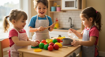 Happy children playfully prepare pretend food in bright kitchen sunlight. AI Generated