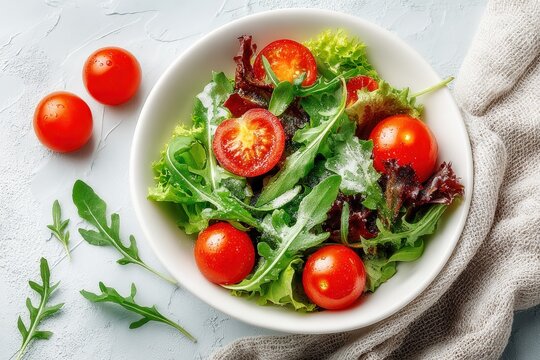 Fresh summer salad with lettuce, arugula, cherry tomatoes and parmesan cheese in a white bowl on a light background - Powered by Adobe