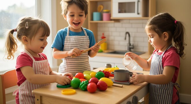 Happy children playfully prepare pretend food in bright kitchen sunlight. AI Generated