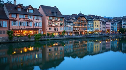 Naklejka premium Colorful buildings reflected in a calm river at dusk.