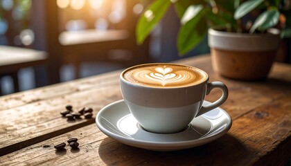 Latte art on a rustic wooden table