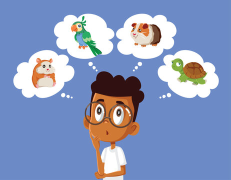 Boy Makes a Choice Between Several Pets Vector Cartoon. Little child thinking which domestic animal to adopt 
