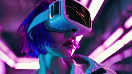 A woman in a futuristic setting wearing a VR headset and holding gaming controllers, surrounded by neon lights. - Powered by Adobe