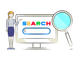 検索サイトへ誘導するビジネスウーマン(詳しくはコチラで検索)｜ビジネスイラストシリーズ