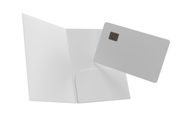 3D Realistic plastic credit card and pocket folder open leaflet mockup isolated on background. Blank template design for business technology payment, digital pay and finance concept.