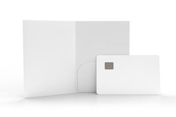 3D Realistic plastic credit card and pocket folder open leaflet mockup isolated on background. Blank template design for business technology payment, digital pay and finance concept.