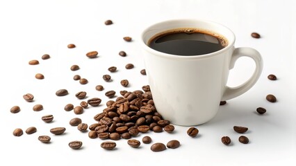 Obraz premium White coffee cup with scattered beans on clean white background, suited for caf? branding or menu designs