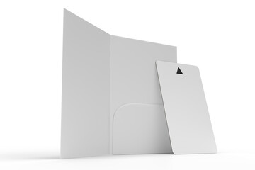 3D Realistic plastic hotel apartment keycard with magnetic strip and booklet holder, open leaflet mockup isolated on background. Blank template for branding hotel key card, credit card, guest room