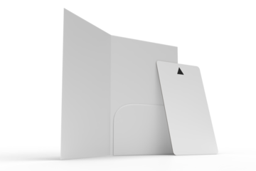 3D Realistic plastic hotel apartment keycard with magnetic strip and booklet holder, open leaflet mockup isolated on background. Blank template for branding hotel key card, credit card, guest room