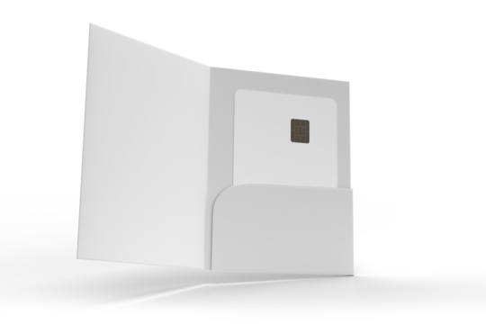 3D Realistic plastic credit card and pocket folder open leaflet mockup isolated on background. Blank template design for business technology payment, digital pay and finance concept.