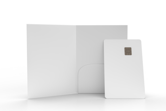 3D Realistic plastic credit card and pocket folder open leaflet mockup isolated on background. Blank template design for business technology payment, digital pay and finance concept.