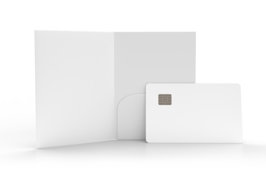 3D Realistic plastic credit card and pocket folder open leaflet mockup isolated on background. Blank template design for business technology payment, digital pay and finance concept.