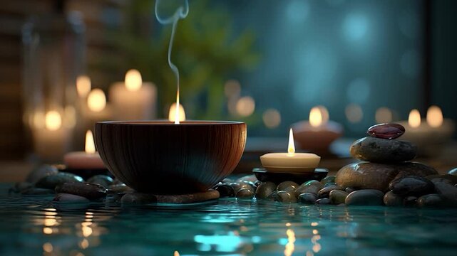 A calming spa scene with candles serene decor for a wellness and relaxation