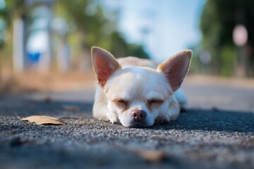 Adorable chihuahua resting on the road