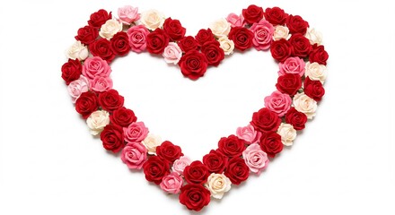 Obraz premium Romantic red pink roses gently form heart shape. AI Generated