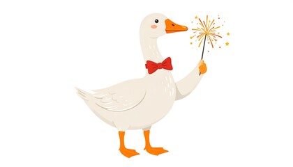 Cute goose with a sparkler.  A cartoon goose wearing a red bow tie holds a sparkler