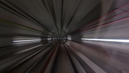 Moving in the subway tunnel with light trails inside timelapse