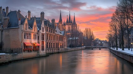 Fototapeta premium Canal scene at sunrise in a European city with snow.