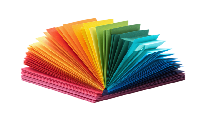 Geometric paper stack in vibrant shades arranged in fan shape. isolated on transparent background